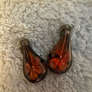 Glass Teardrop Earrings with Floral Design